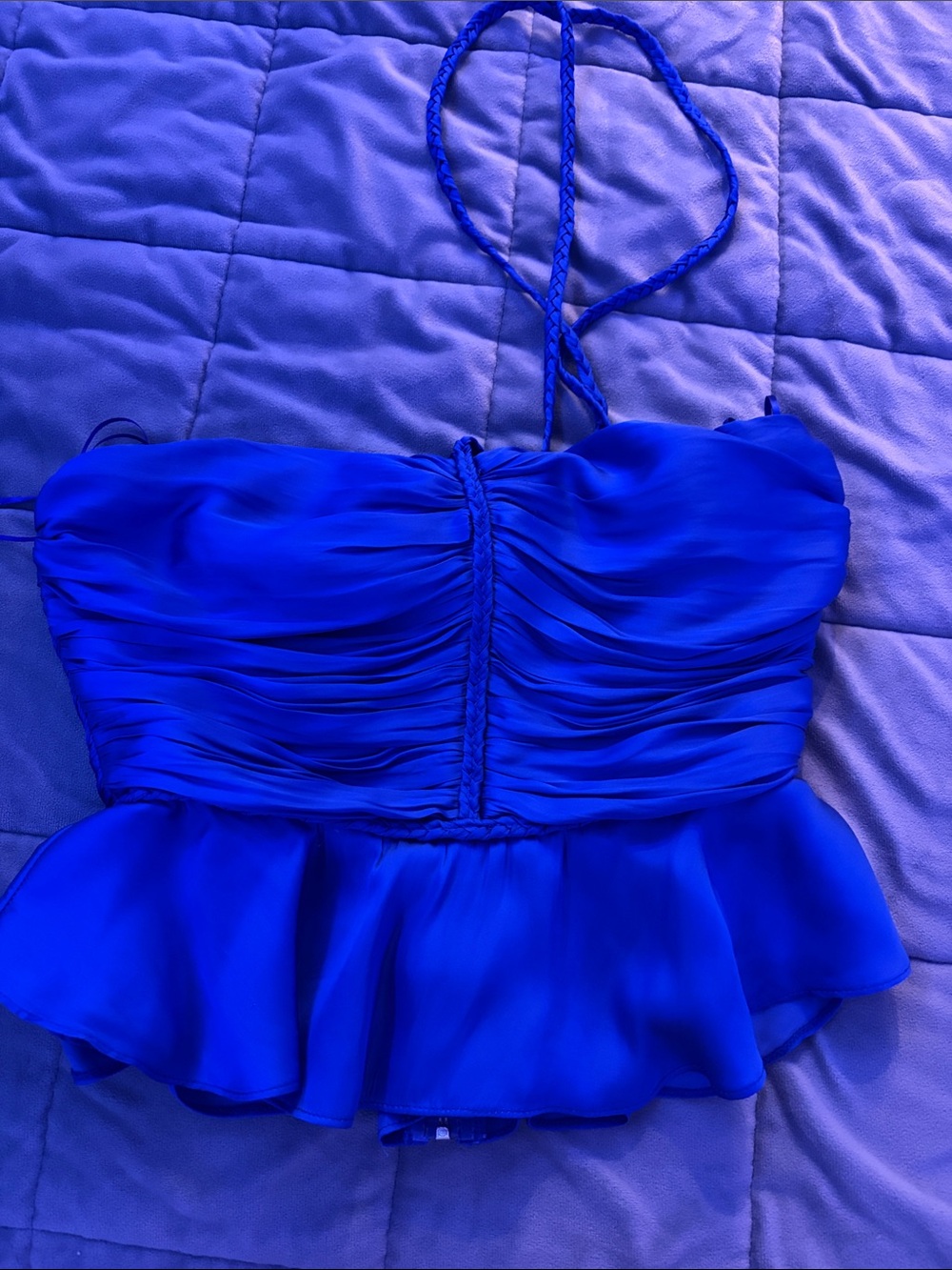 Aqua Royal Blue Ruched Peplum Crop Top